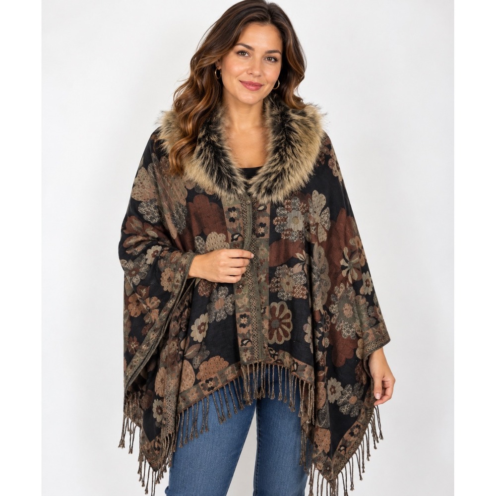 Eyeful Floral Tapestry Wool Faux Fur Collar Shawl Wrap Poncho Fringe Brown OS